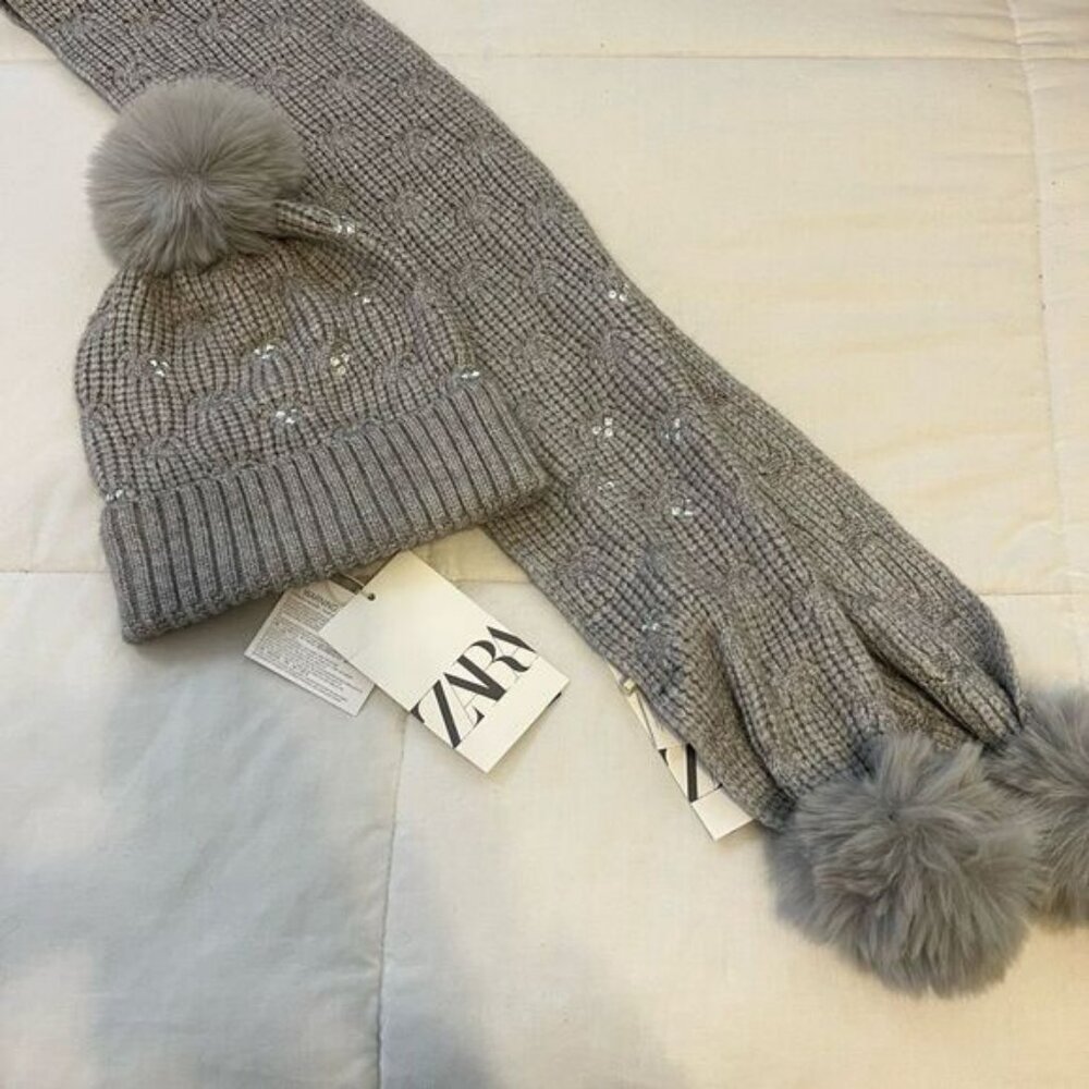 Zara Gray Cable Knit Hat and Scarf NWT Size 6-9 years old